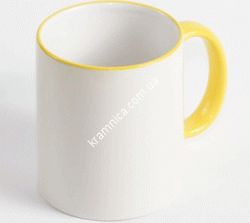 Чашка керамическая для сублимации с цветным ободком и ручкой (Жёлтая), 330мл