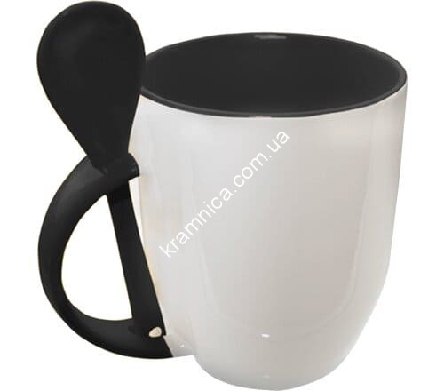 Чашка керамическая для сублимации с цветной внутренней частью и цветной ложкой (Чёрная), 350мл